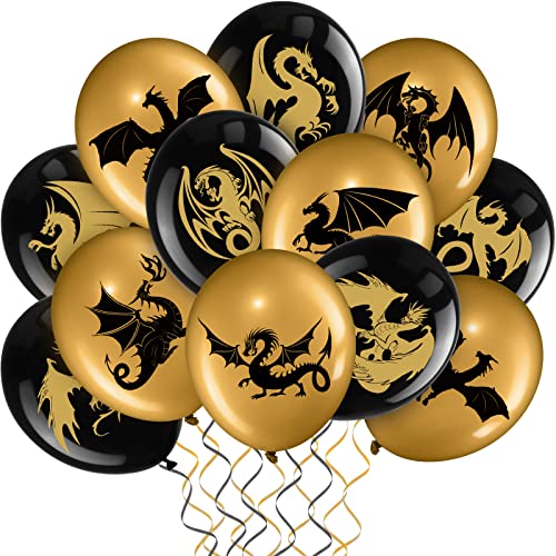 Zomiboo 50 Pieces Dragon Theme Party Supplies Dragon Theme Party Balloons Black Gold Birthday Decoration Picks for Fantasy Supplies 12 Inches - Image 1