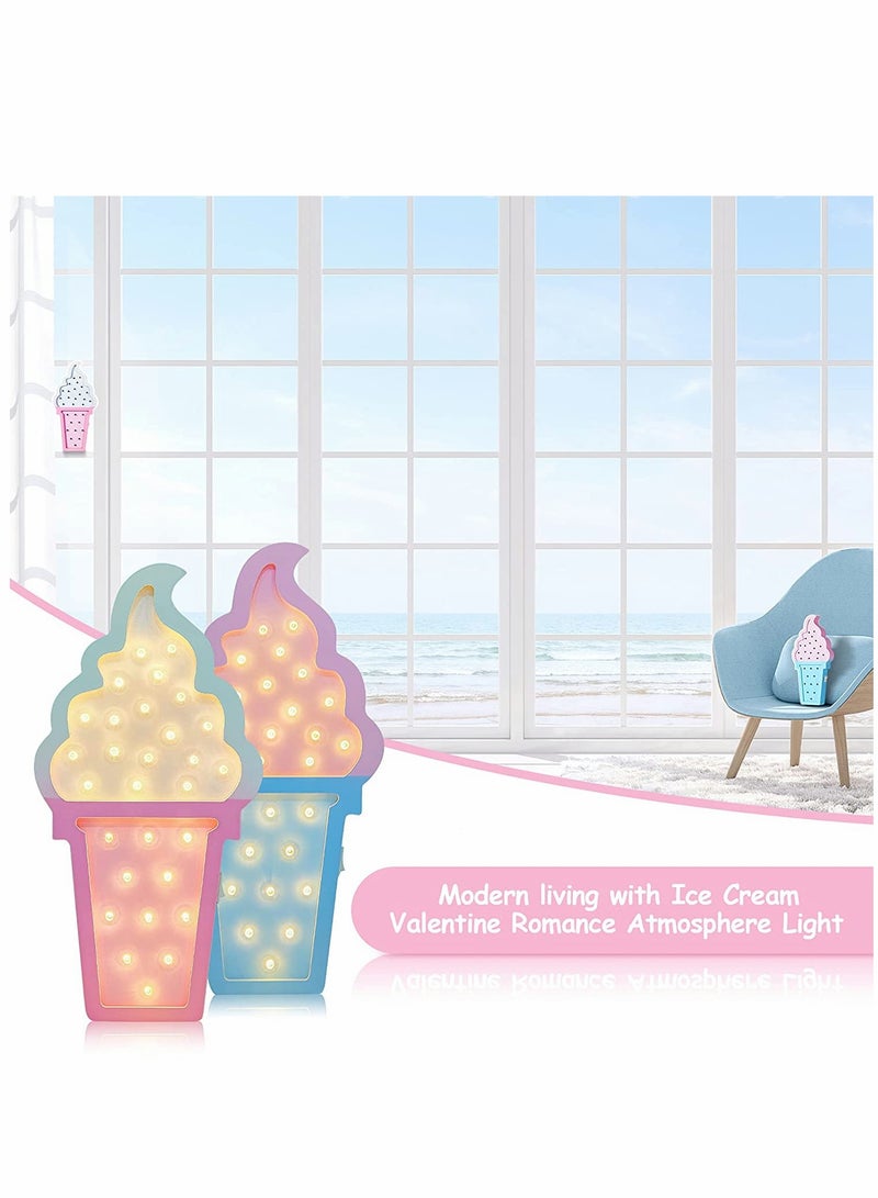 SOLARAE 2 Pcs Ice Cream Light Va lenti ne Romance Atmosphere Wooden Ice Cream LED Night Light Ice Cream Theme Va lent ine Romance Lamps Battery Operated LED Night Lights for Birthday Party Decor Blue-Pink - Image 4