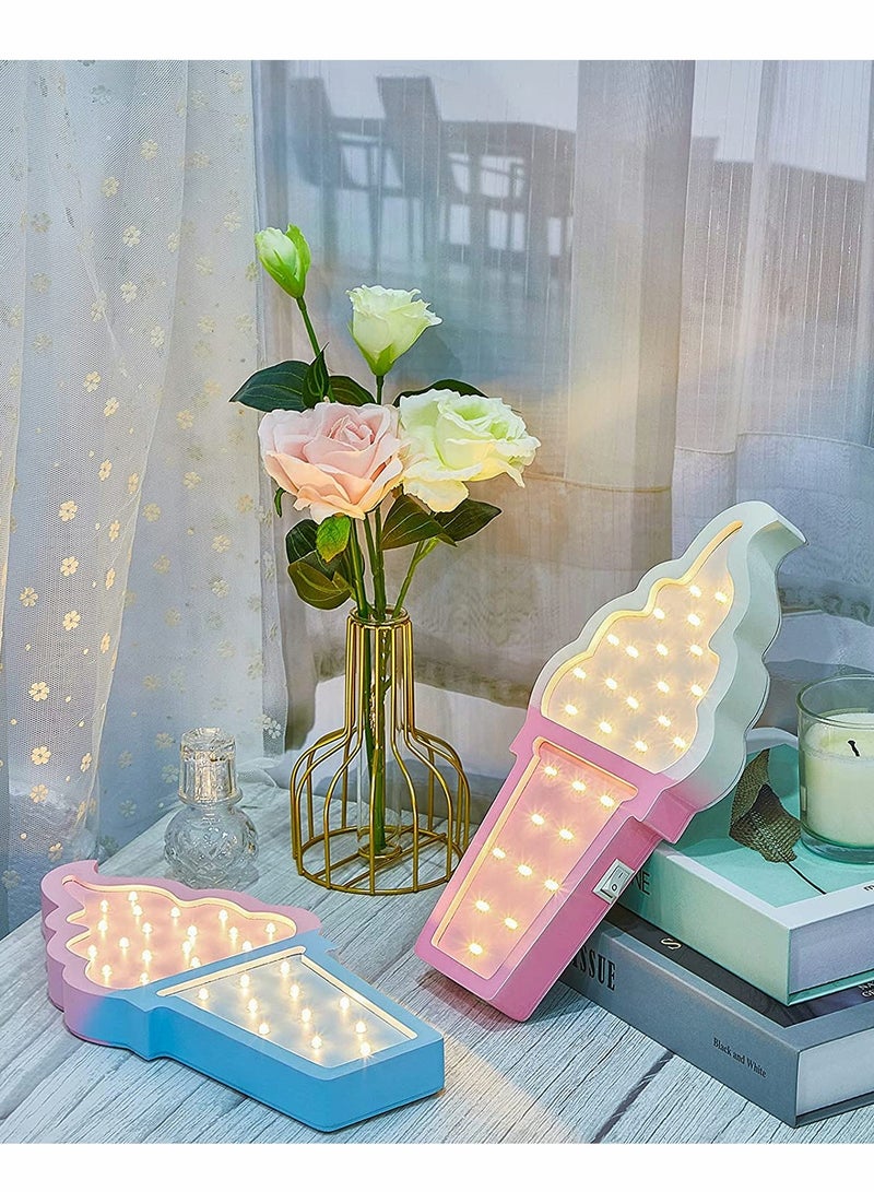 SOLARAE 2 Pcs Ice Cream Light Va lenti ne Romance Atmosphere Wooden Ice Cream LED Night Light Ice Cream Theme Va lent ine Romance Lamps Battery Operated LED Night Lights for Birthday Party Decor Blue-Pink - Image 2
