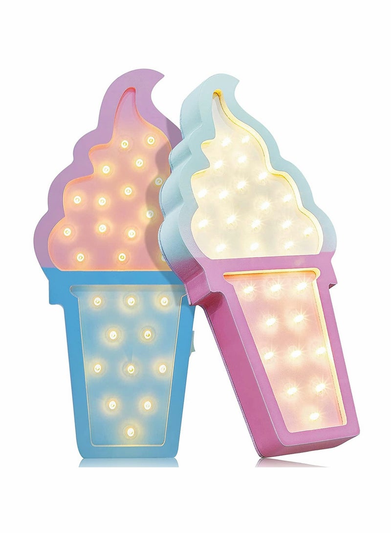 SOLARAE 2 Pcs Ice Cream Light Va lenti ne Romance Atmosphere Wooden Ice Cream LED Night Light Ice Cream Theme Va lent ine Romance Lamps Battery Operated LED Night Lights for Birthday Party Decor Blue-Pink - Image 1