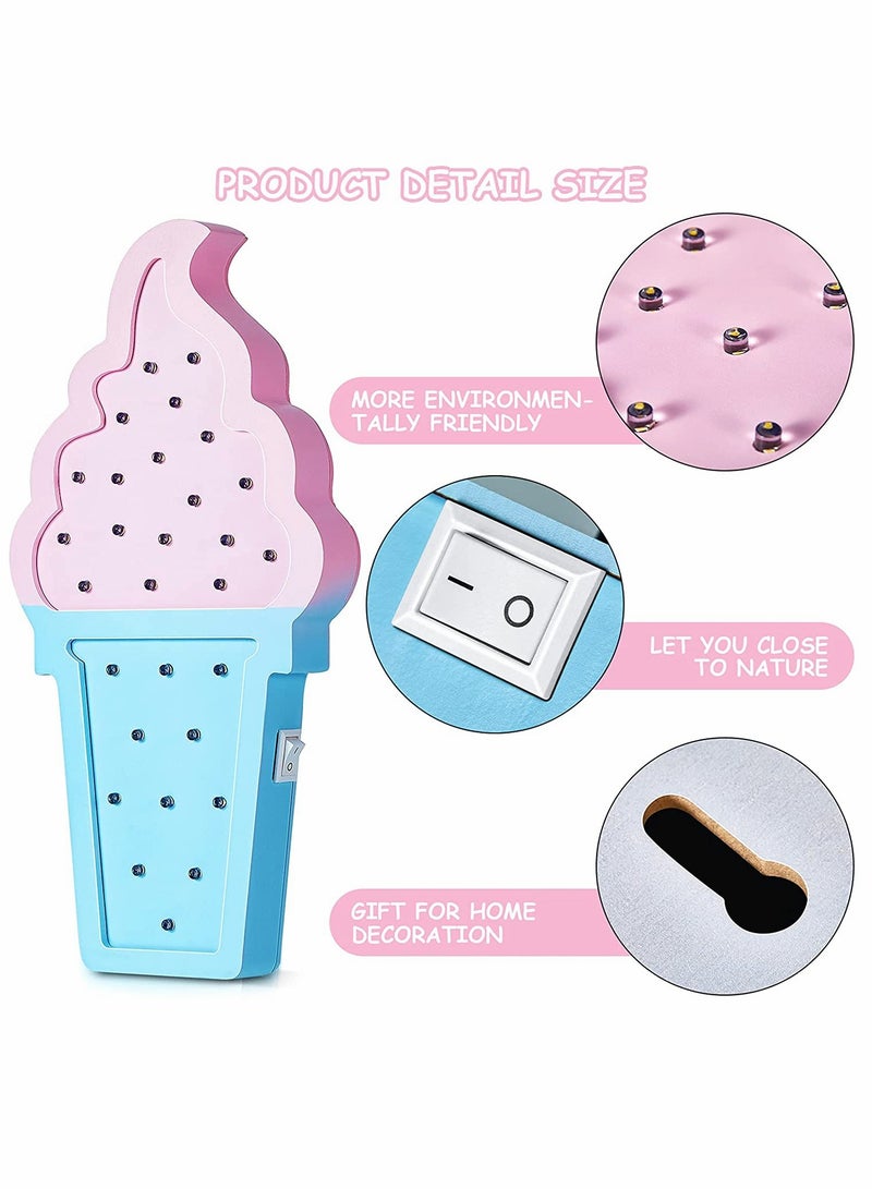 SOLARAE 2 Pcs Ice Cream Light Va lenti ne Romance Atmosphere Wooden Ice Cream LED Night Light Ice Cream Theme Va lent ine Romance Lamps Battery Operated LED Night Lights for Birthday Party Decor Blue-Pink - Image 5
