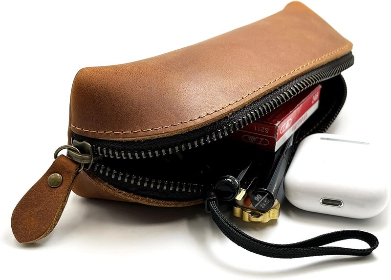 Craoopii Leather Pencil Case Pencil Bag Pouch With Zipper Pen Holders Handmade Genuine Leather For Men Women Students Businessmen And Artists Home Work Office. (Brown) - Image 4