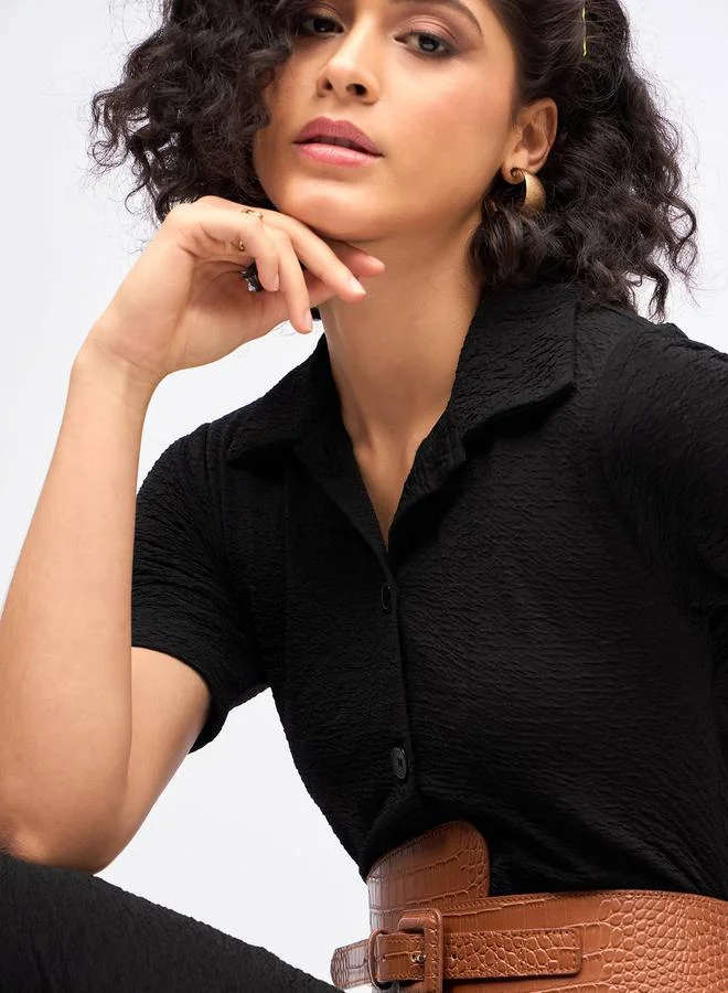 SASSAFRAS Buttoned Black Midi Dress