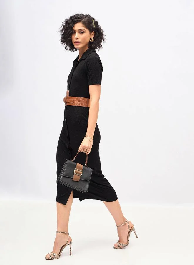 SASSAFRAS Buttoned Black Midi Dress