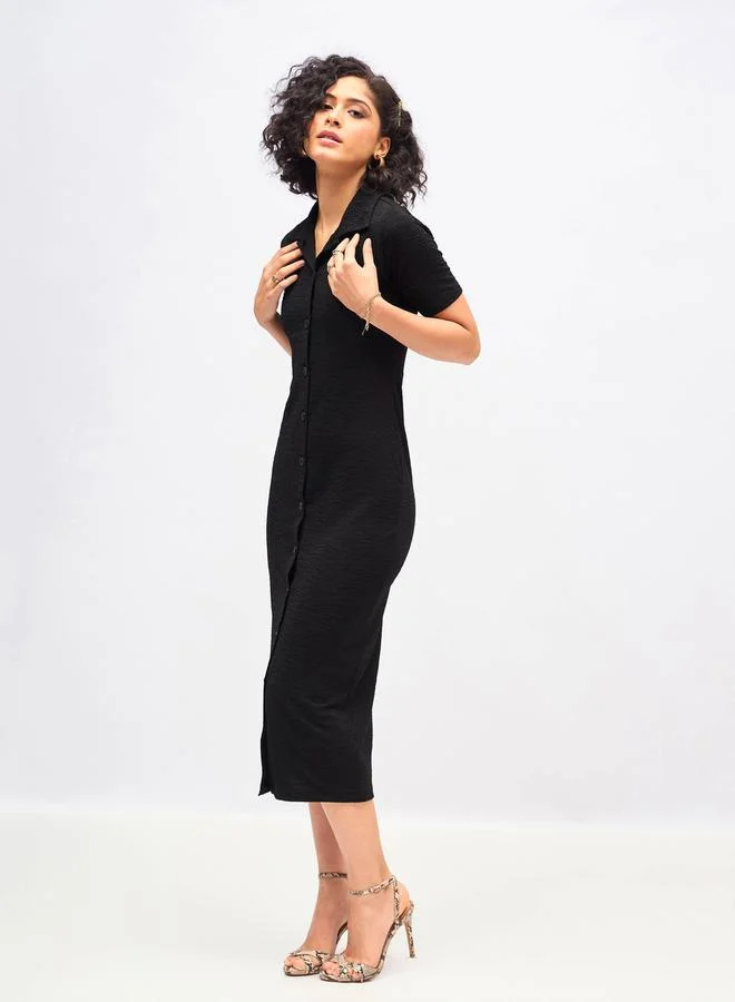SASSAFRAS Buttoned Black Midi Dress