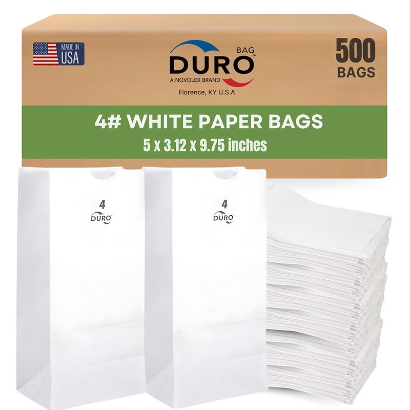 Duro 4# White Paper Bags 500-Count, White Paper Lunch Bags for Popcorn, Candy, Snacks & Treats, Bulk Disposable Lunch Sacks - 5.00 x3.12 x 9.75 Inches - Image 1