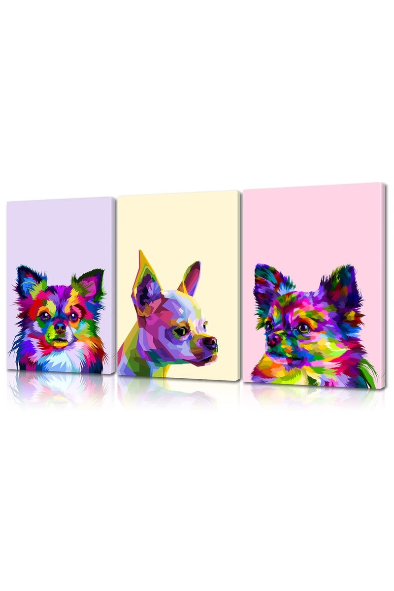 Mistyefly 3 Piece Colorful Dog Wall Art Pomeranian & Chihuahua Canvas Print Animal Wall Decor Dog Posters for Wall Puppy Wall Art for Nursery Kids Room Decor - Image 1