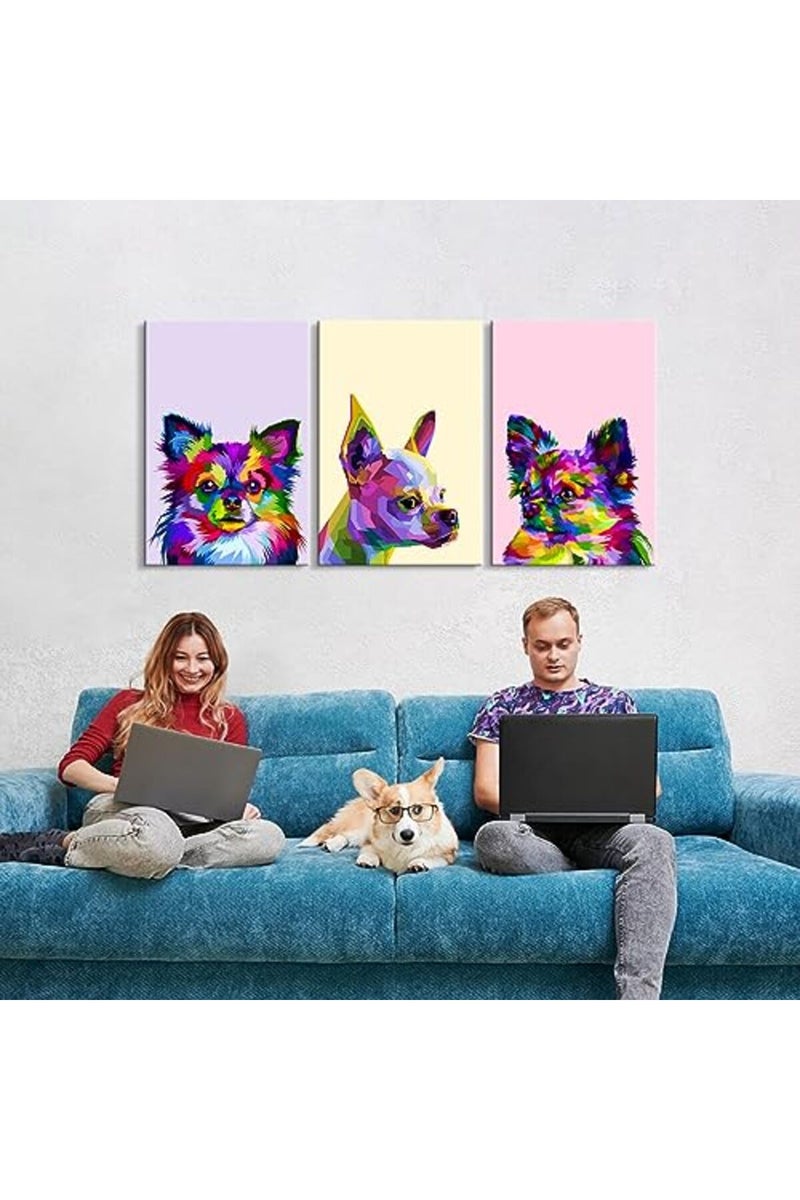 Mistyefly 3 Piece Colorful Dog Wall Art Pomeranian & Chihuahua Canvas Print Animal Wall Decor Dog Posters for Wall Puppy Wall Art for Nursery Kids Room Decor - Image 4