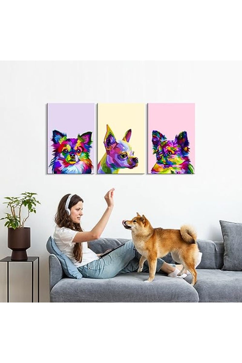 Mistyefly 3 Piece Colorful Dog Wall Art Pomeranian & Chihuahua Canvas Print Animal Wall Decor Dog Posters for Wall Puppy Wall Art for Nursery Kids Room Decor - Image 5