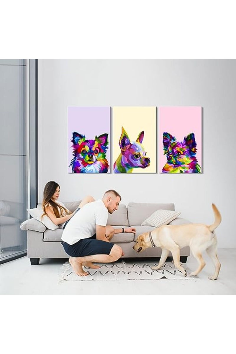 Mistyefly 3 Piece Colorful Dog Wall Art Pomeranian & Chihuahua Canvas Print Animal Wall Decor Dog Posters for Wall Puppy Wall Art for Nursery Kids Room Decor - Image 3
