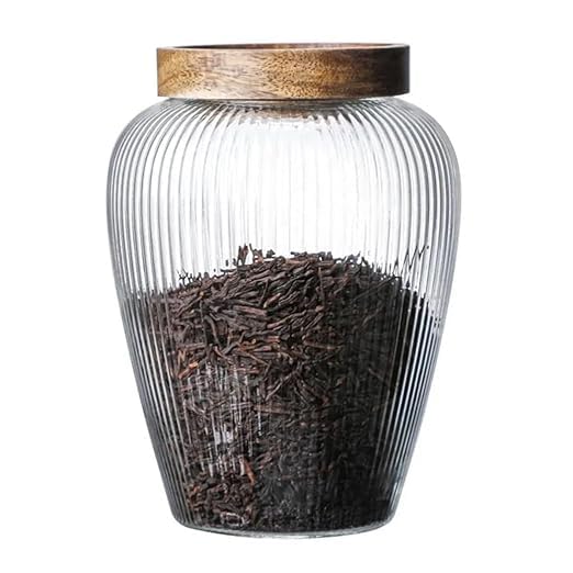 Krevia Food Storage Jar Container | Wood Lids With Glass Jars Vertical sealed Bottle Jar| Food Storage Tank Grains Suitable For Cookie Jar Clear Candy Tea Coffee Beans (1Pc, 1100ML) - Image 1
