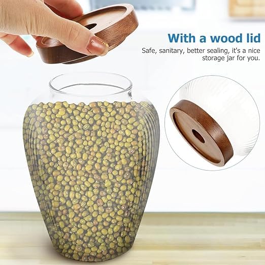 Krevia Food Storage Jar Container | Wood Lids With Glass Jars Vertical sealed Bottle Jar| Food Storage Tank Grains Suitable For Cookie Jar Clear Candy Tea Coffee Beans (1Pc, 1100ML) - Image 4