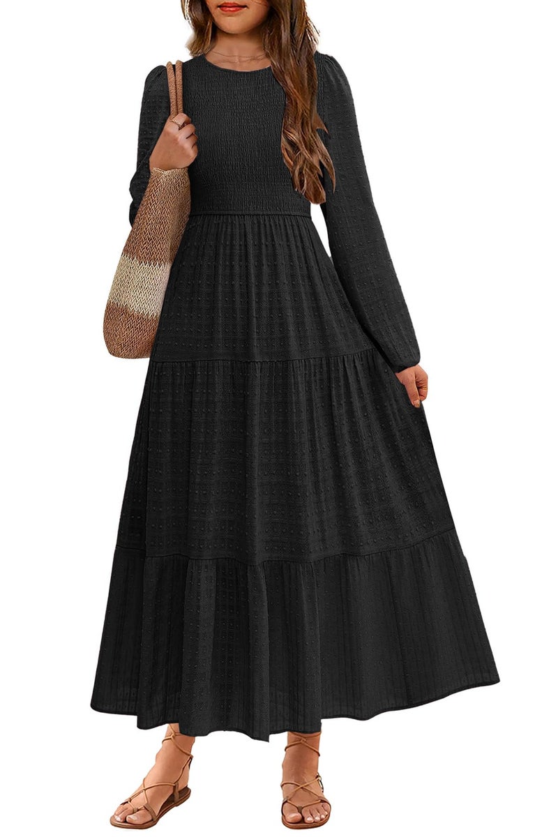 HOSIKA Girls Long Sleeve Dress Swiss Dot A-line Flowy Fall Winter Maxi Dresses with Pockets for 6-12 Years Black - Image 1