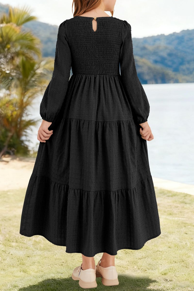 HOSIKA Girls Long Sleeve Dress Swiss Dot A-line Flowy Fall Winter Maxi Dresses with Pockets for 6-12 Years Black - Image 5