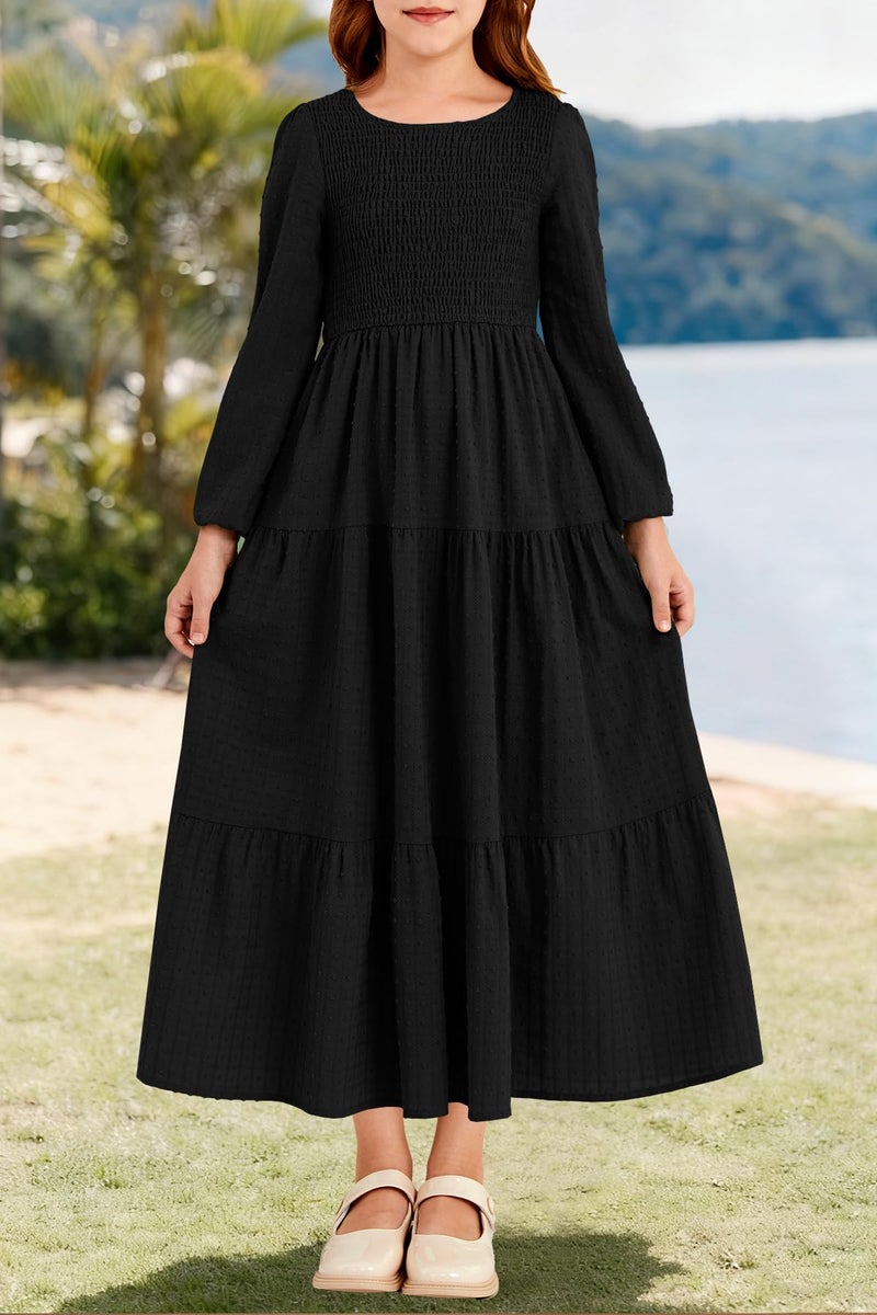HOSIKA Girls Long Sleeve Dress Swiss Dot A-line Flowy Fall Winter Maxi Dresses with Pockets for 6-12 Years Black - Image 4