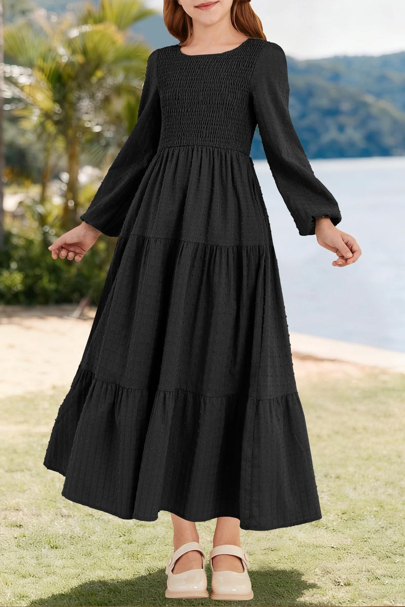 HOSIKA Girls Long Sleeve Dress Swiss Dot A-line Flowy Fall Winter Maxi Dresses with Pockets for 6-12 Years Black - Image 2
