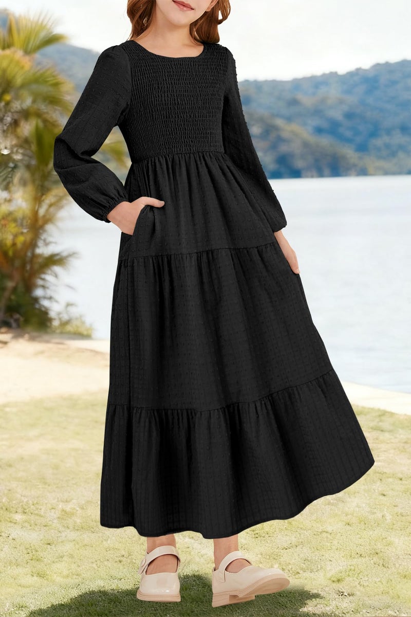 HOSIKA Girls Long Sleeve Dress Swiss Dot A-line Flowy Fall Winter Maxi Dresses with Pockets for 6-12 Years Black - Image 3