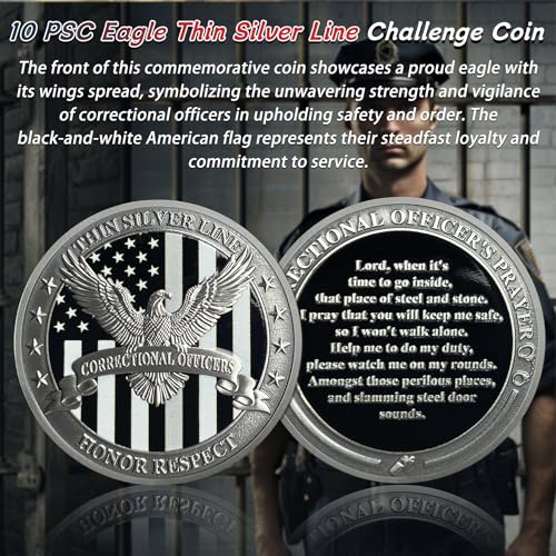 IELCJJ 10PCS Eagle Thin Silver Line Challenge Coin - Correctional Officer Prison Police Thin Gray Line Token Medallions - Thank You Law Enforcement Corrections Officer Gifts - Honor US Correctional Officers - Image 2