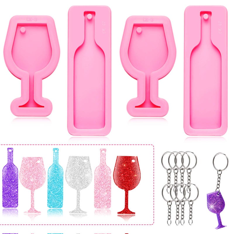 Patelai 4 Pieces Mini Wine Glass Keychain Mold Goblet Tumbler Wine Bottle Shape Silicone Fondant Mold for DIY Pendant Trinket Luggage Tag Pudding Desserts Candy Cake Topper Decoration
