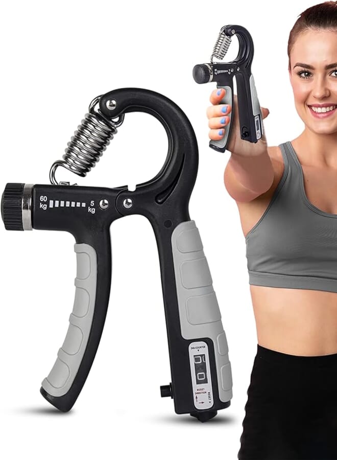 Hand Grip Strengthener Gripper With Rep Counter Fingers Exercise Workout - Physiotherapy Paralysis Recovery - Gym Forearm Wrist Arm Wrestling Trainer - Steel Spring - 60 kg Adjustable - Grey