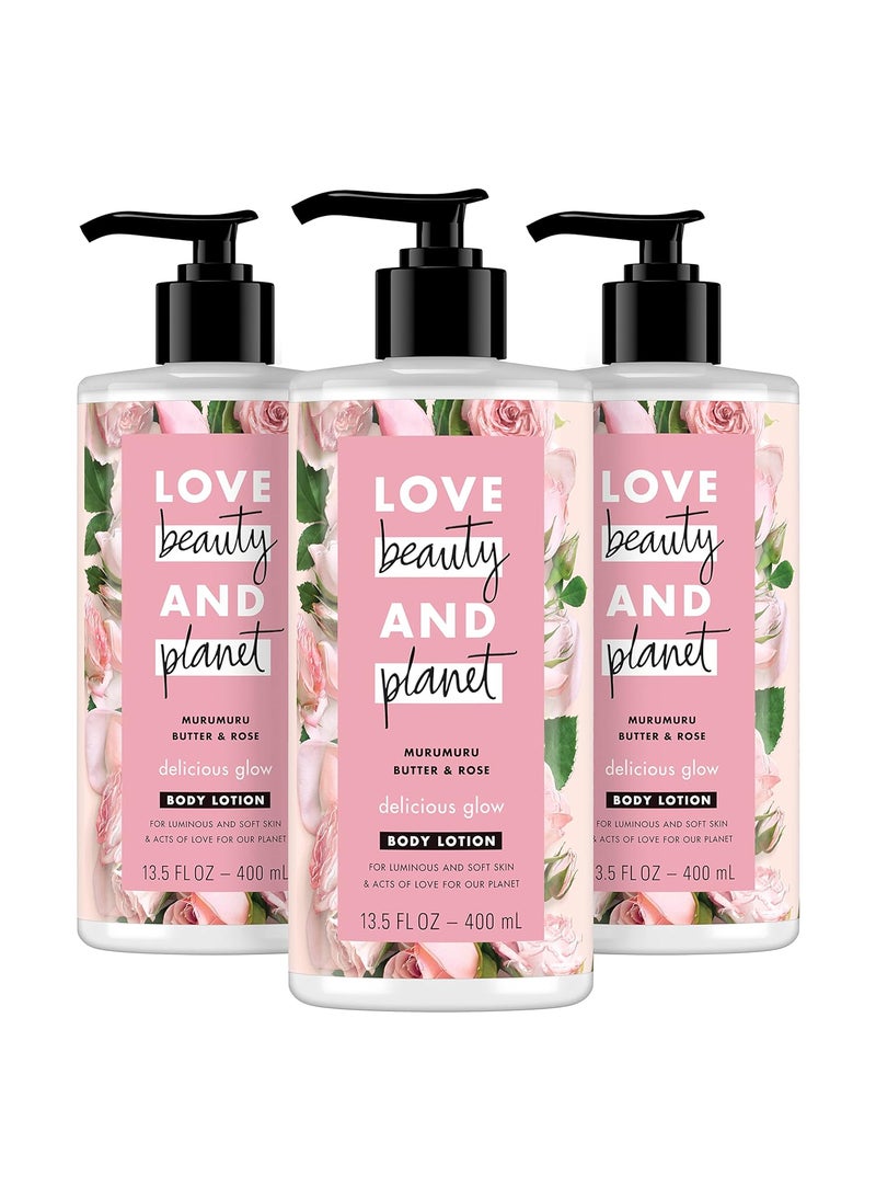love beauty and planet Love Beauty and Planet Delicious Glow Body Lotion for Soft, Glowing Skin Murumuru Butter & Rose Natural Ingredients, Plant-Based Moisturizers, Vegan, Cruelty-Free, 13.5 Ounce (Pack of 3) 