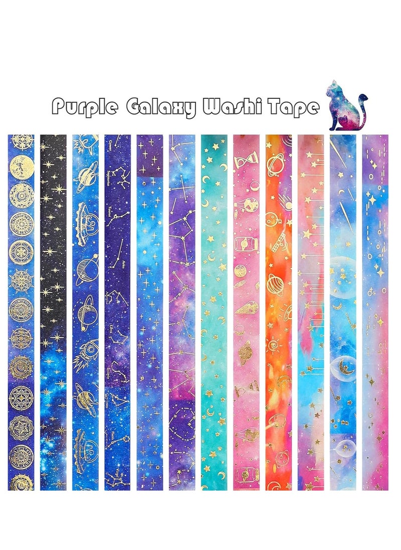 Bukela Galaxy Purple Bronzing Washi Tape, 12 Rolls DIY Hand Account Creative Decorative Stickers Handmade Accessories Gold Foil Paper Tapes with Constellations, Blue Sky, Moon, Stars, Celestial Bodies  - Image 2