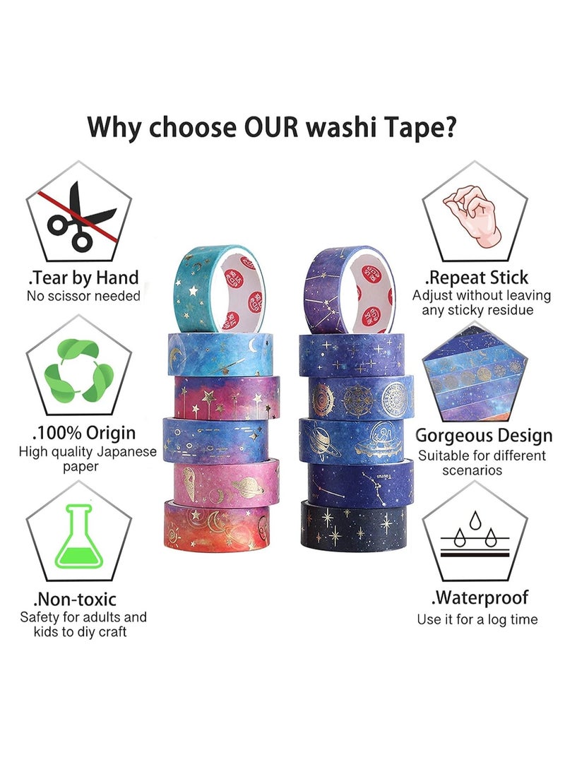 Bukela Galaxy Purple Bronzing Washi Tape, 12 Rolls DIY Hand Account Creative Decorative Stickers Handmade Accessories Gold Foil Paper Tapes with Constellations, Blue Sky, Moon, Stars, Celestial Bodies  - Image 4