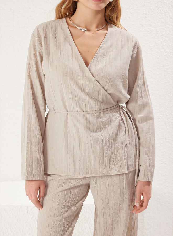 trendyol Beige Woven Double Breasted Blouse and Pants Set - Tie-Detailed - Image 3