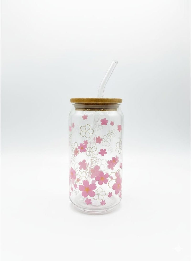كوب زجاجي عصري على شكل علبة كانز بتصميم ورود وردية، غطاء بامبو و straw زجاجي – مثالية للمشروبات الباردة والساخنة - Image 3