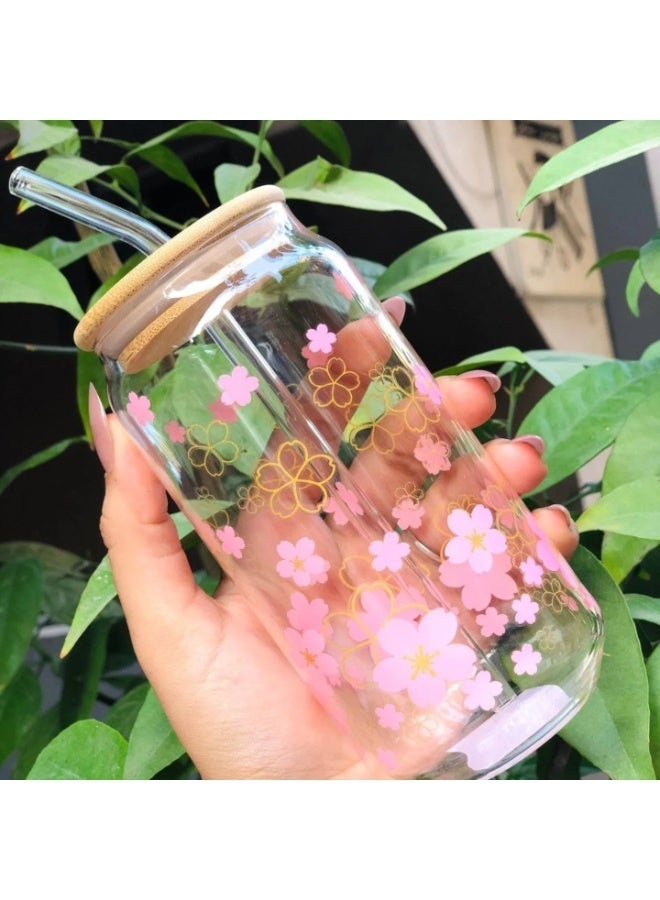كوب زجاجي عصري على شكل علبة كانز بتصميم ورود وردية، غطاء بامبو و straw زجاجي – مثالية للمشروبات الباردة والساخنة - Image 4