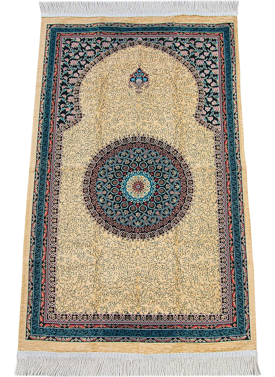 İhvan Online Cream Traditional Motif Knitted Fringed Mihrab Lined Chenille Prayer Rug