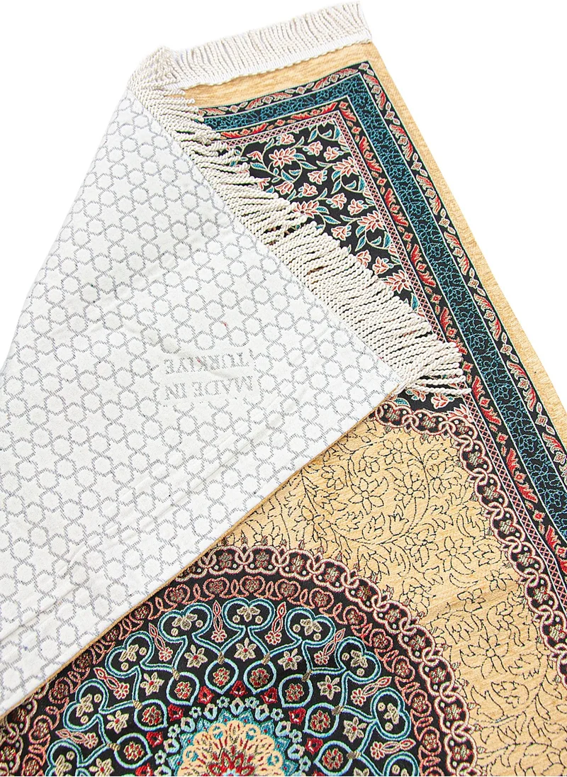 İhvan Online Cream Traditional Motif Knitted Fringed Mihrab Lined Chenille Prayer Rug