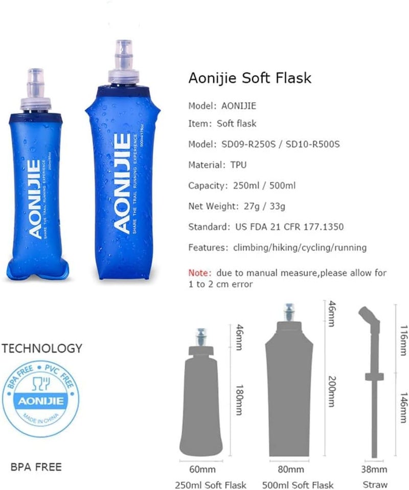 AONIJIE 2 Pack Soft Water Bottle, TPU Collapsible Flask Foldable Bottles for Hydration Pack, BPA-Free, for Running Hiking Cycling Climbing (2 Pcs - 500ml) - Image 3