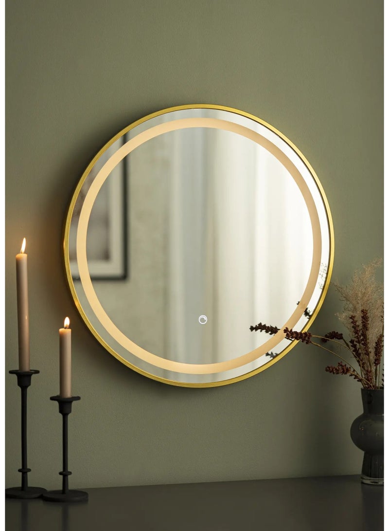 DK Decoration  LED Round Wall Mirror 90×90 cm, Gold Metal Frame, Touch Sensor Light, Anti-Fog Bathroom & Makeup Mirror, Wall Mounted Decorative Mirror - Image 1
