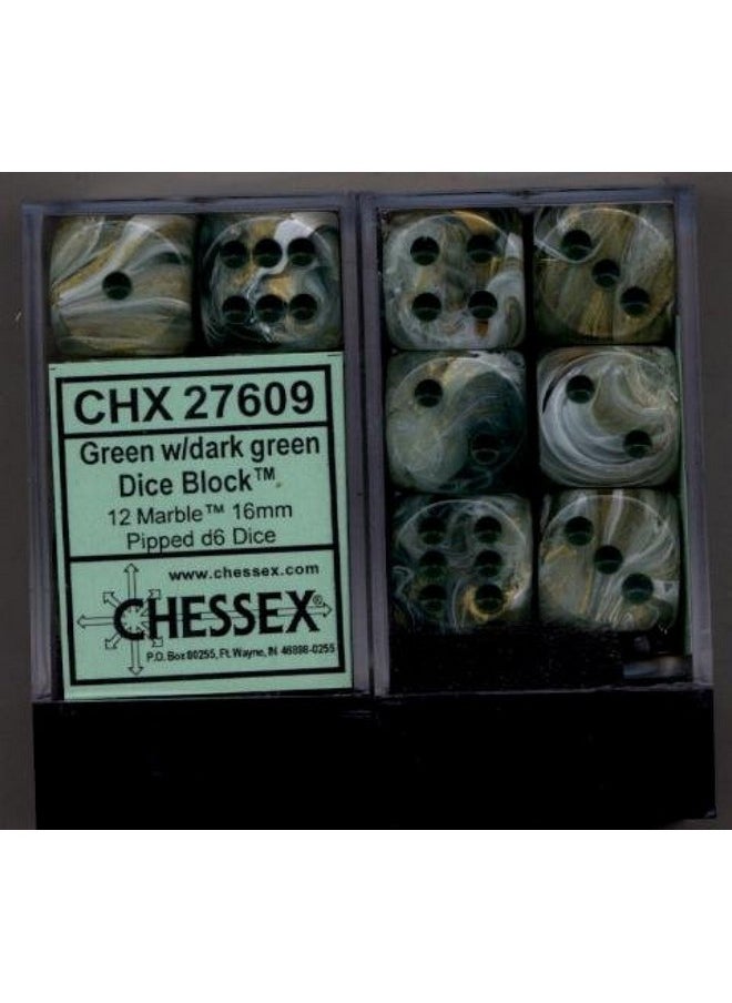 Chessex Dice Chessex Dice d6 Sets: Marble Green Swirl with Dark Green Pips - 16mm Six Sided Die (12) Block of Dice  - Image 1