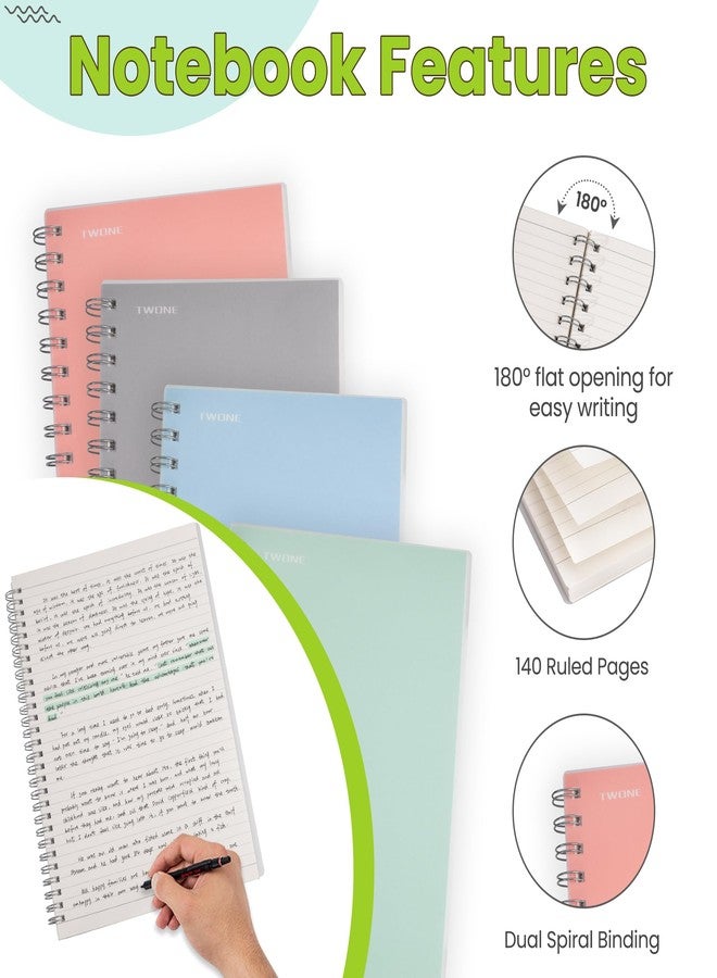 TWONE Spiral Notebook, 7"x10", 140 Ruled Pages, Waterproof Frosted PP Cover, Blue, Ideal for School, Office, and Personal Use - Image 3