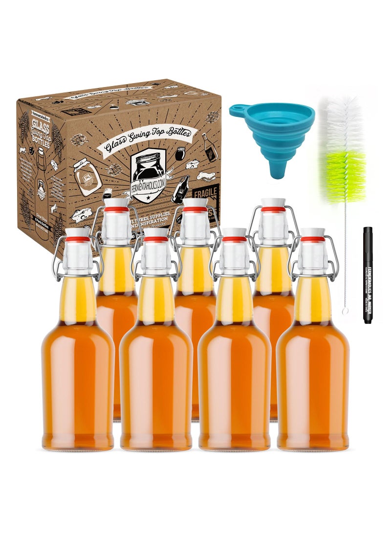 Fermentaholics Kombucha Bottling Kit  Includes 7 Glass Flip Top Bottles  Compact Collapsable Silicone Funnel  Cleaning Brush  Airtight HighPressure Bottles For Fermenting Kombucha Kefir Ginger Beer etc 