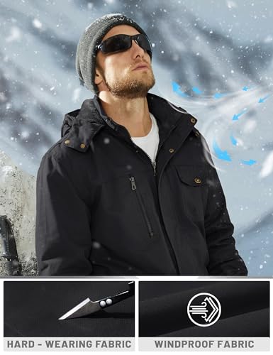 TACVASEN Men's Winter Jacket Cotton Military Fleece Lined Thick Work Coats Warm Cargo Jackets with Hooded Black L - Image 4