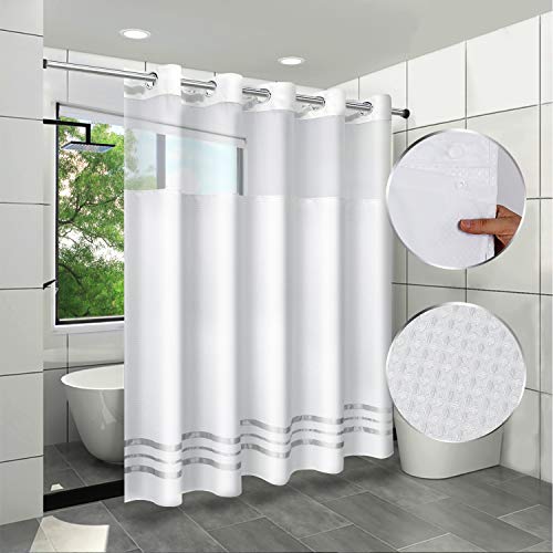 ARICHOMY 2023 Upgraded Shower Curtain Set Waffle Weave Curtain Fabric Shower Curtain Set Hook Free Removeable Liner, 250GSM Machine Washable 71by 74inch, White - Image 1