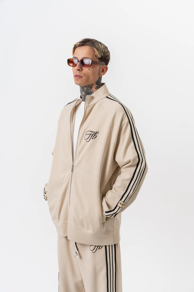 RESPIRE Men's Triple Striped Stand Collar Doubleface Zip Oversize Sweatshirt Beige