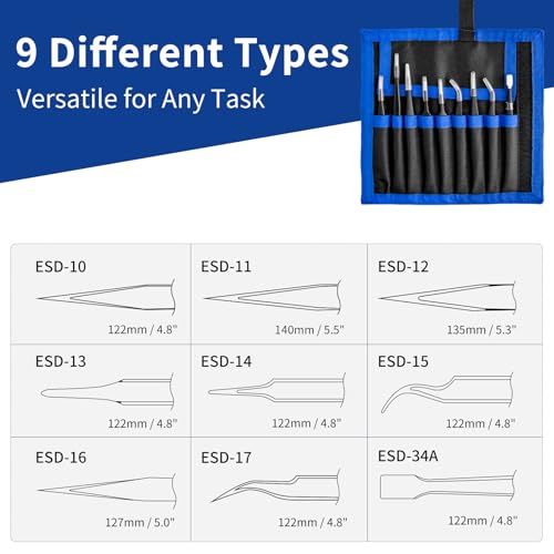 XOOL Precision Tweezers Set, XOOL 9 PCS ESD Tweezers Set, Anti-Static Stainless Steel Tweezers Kit, Multi-standard Stainless Steel Tweezers for Lab, Electronics, Jewelry and Detailed Work - Image 2