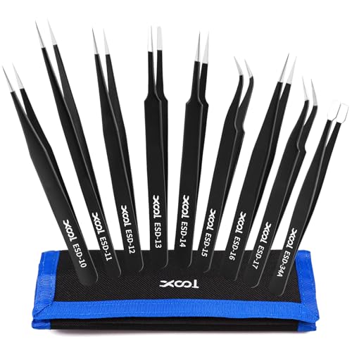 XOOL Precision Tweezers Set, XOOL 9 PCS ESD Tweezers Set, Anti-Static Stainless Steel Tweezers Kit, Multi-standard Stainless Steel Tweezers for Lab, Electronics, Jewelry and Detailed Work - Image 1