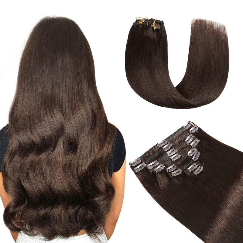 YILITE Hair Extensions Clip in Real Hair 120g 8Pcs Darkest Brown Remy Hair Full Head Straight Double Weft Invisible Clip on Straight Real Hair Extensions Thick 16inches 2 Darkest Brown
