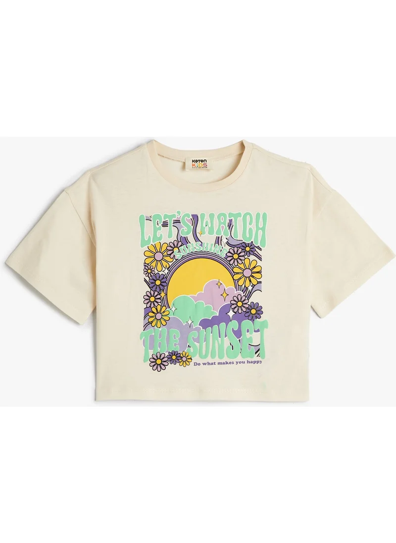 كوتون T-Shirt Floral Printed Short Sleeve Crew Neck Cotton