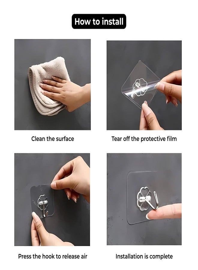 SMARTGHR 10 Pcs Strong Self Adhesive Wall Hooks | Heavy Duty Transparent Sticky Steel Hooks Without Drilling | 180° Rotating Waterproof & Rustproof Hooks for Kitchen, Bathroom, Office (Steel) - Image 4