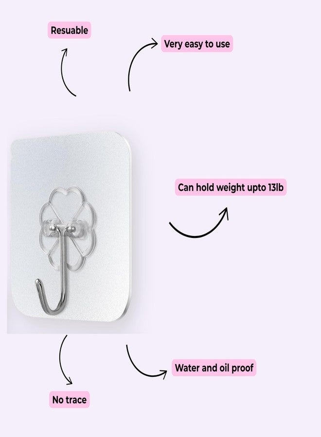 SMARTGHR 10 Pcs Strong Self Adhesive Wall Hooks | Heavy Duty Transparent Sticky Steel Hooks Without Drilling | 180° Rotating Waterproof & Rustproof Hooks for Kitchen, Bathroom, Office (Steel) - Image 2