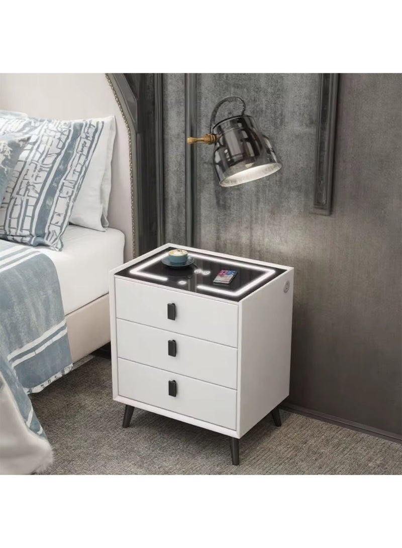 ليموس طاولة جانبية ذكية مع درجين وطاولة جانبية حديثة للسرير مع أضواء LED قابلة للتعديل وطاولة شحن مع سطح طاولة من الزجاج المقسّى - Image 1