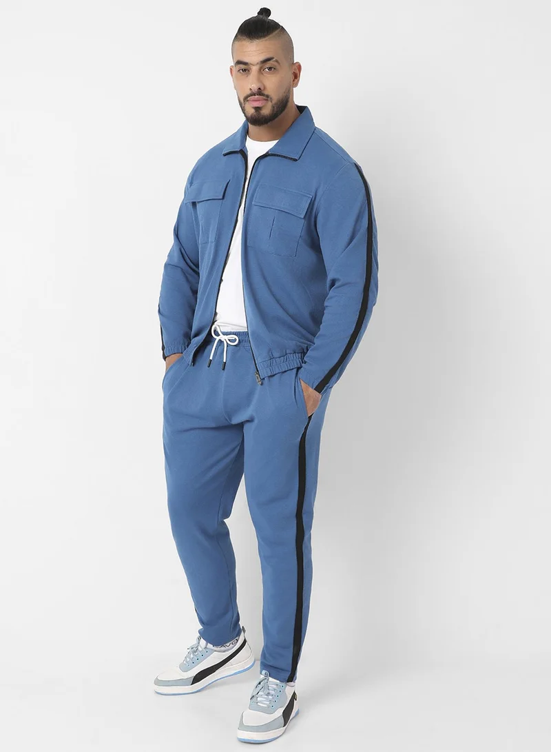 Instafab Plus Instafab Plus Men's Azure Blue Zip-Front Tracksuit Set With Flap Pocket For Casual Wear | Point Collar | Long Sleeve | Zipper Closure | Tracksuit Set Crafted With Comfort Fit For Everyday Wear
