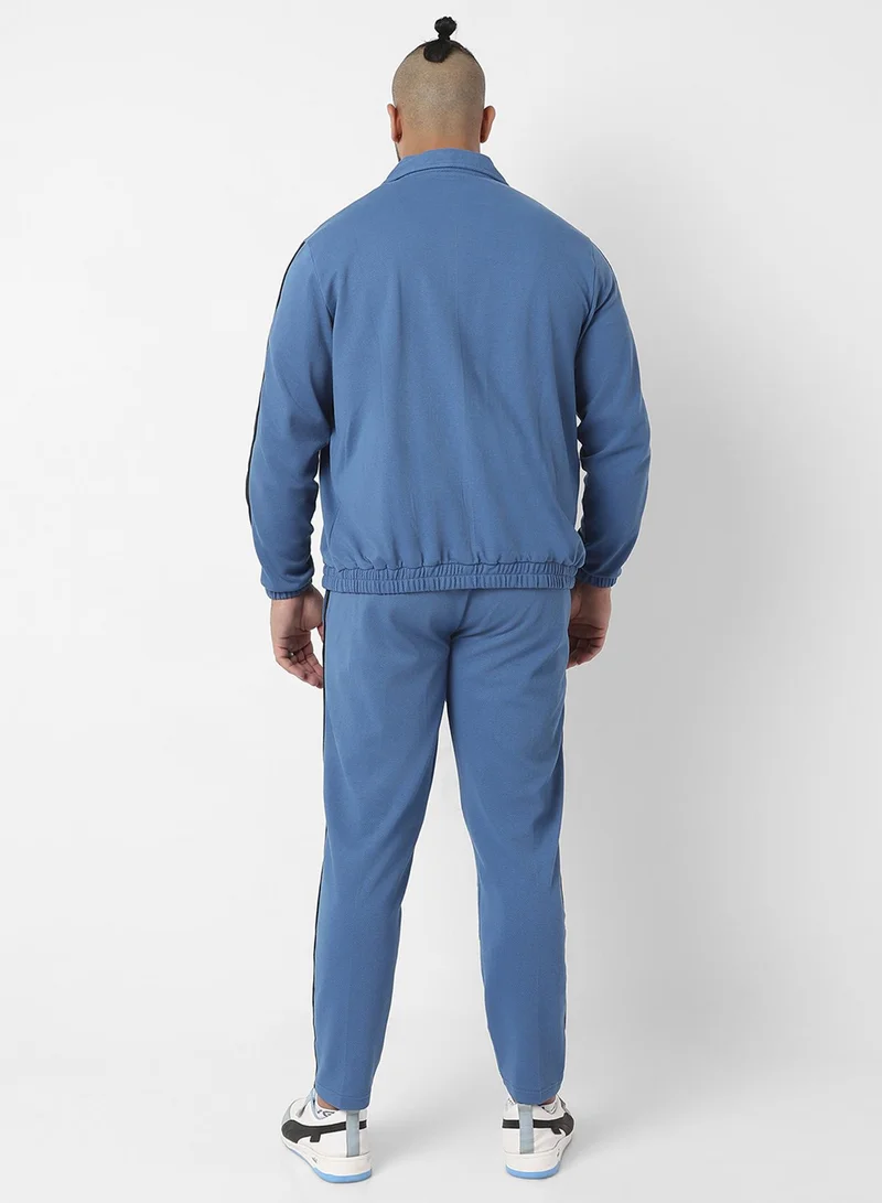 Instafab Plus Instafab Plus Men's Azure Blue Zip-Front Tracksuit Set With Flap Pocket For Casual Wear | Point Collar | Long Sleeve | Zipper Closure | Tracksuit Set Crafted With Comfort Fit For Everyday Wear