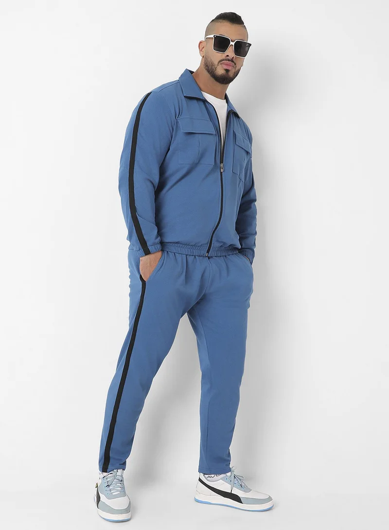 Instafab Plus Instafab Plus Men's Azure Blue Zip-Front Tracksuit Set With Flap Pocket For Casual Wear | Point Collar | Long Sleeve | Zipper Closure | Tracksuit Set Crafted With Comfort Fit For Everyday Wear